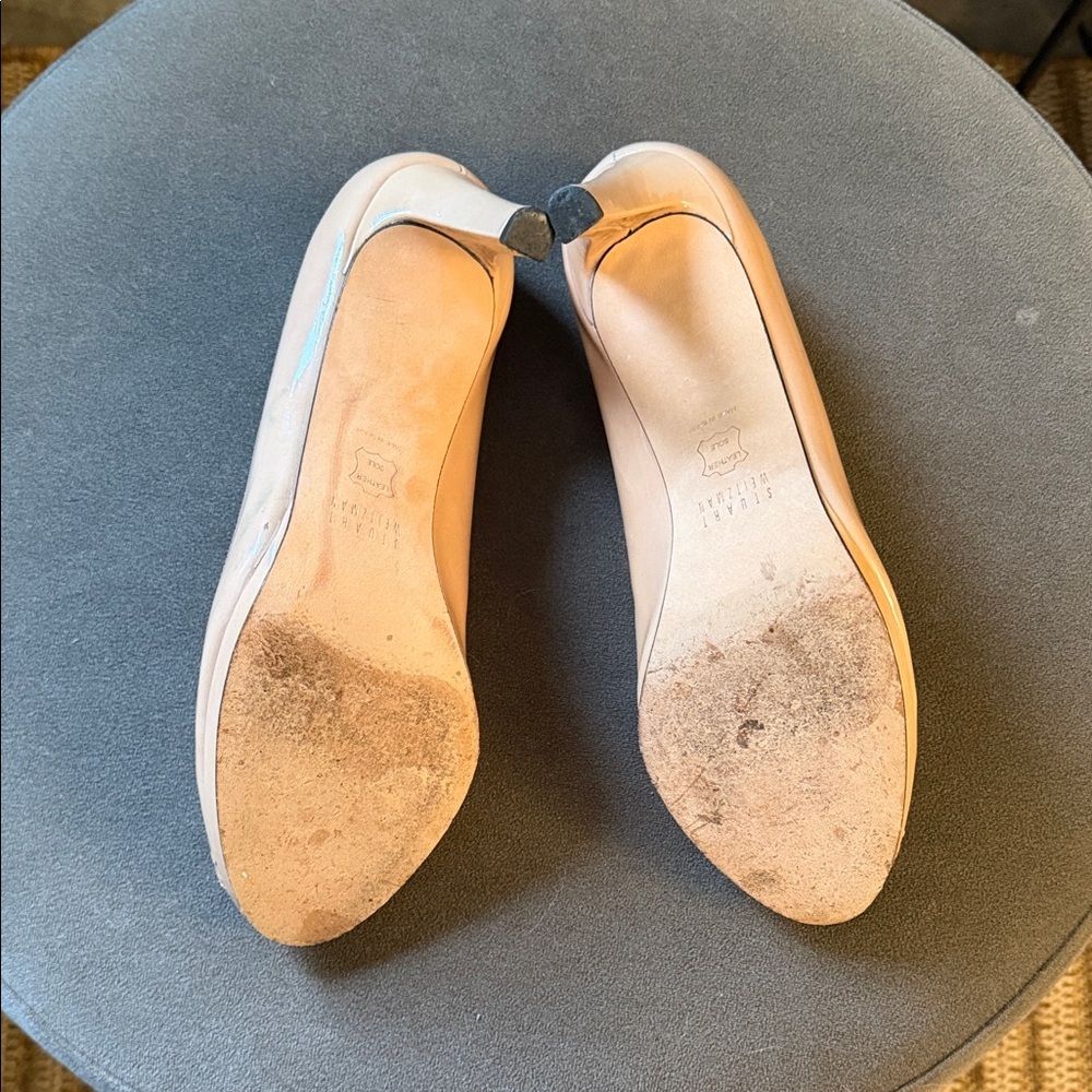 Stuart Weitzman Nude Patent Leather Peep Toe Womens 6.5 Heels Classic Preppy - Picture 8 of 11